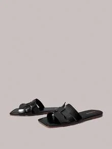 Styleloop Sandalias retro tejidas de punta cuadrada, suela plana, zapatillas de exterior, zapatos versátiles para mujer para uso diario, desplazamientos y vacaciones - Negro - Ver 6