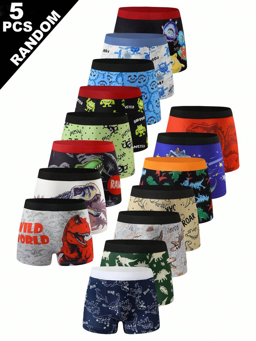 (5 piezas aleatorias) Calzoncillos tipo bóxer con estampado de dinosaurio de dibujos animados para niño - Multicolor - Ver 1
