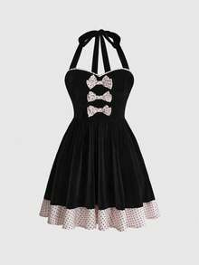 Sweetness Autumn/Winter Black Velvet & Pink Polka Dot Bow 3D Decor Patchwork Satin Ribbon Halter Neck Women's Mini Dress - Black - View 1
