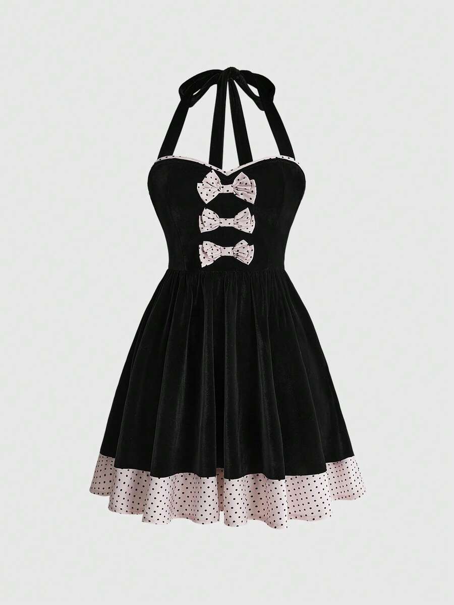 Sweetness Autumn/Winter Black Velvet & Pink Polka Dot Bow 3D Decor Patchwork Satin Ribbon Halter Neck Women's Mini Dress - Black - View 1