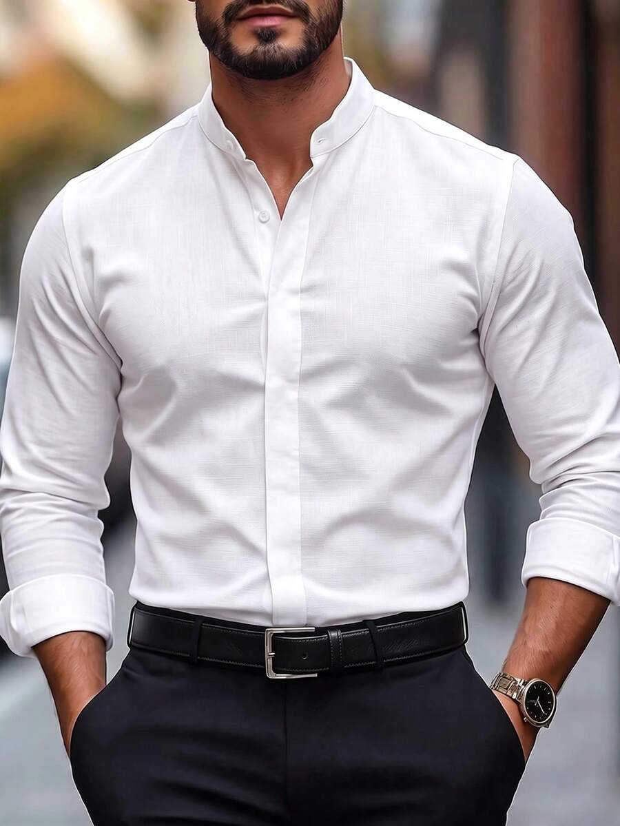 Manfinity Mode Men's Solid Color Faux Linen Stand Collar Hidden Placket Mature Casual Slim Fit Long Sleeve Shirt - White - View 1
