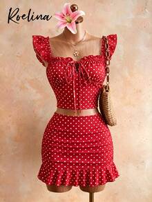 Roelina Women's New Printed Summer Ruffle Design Tie-Up Two Pieces Set, Vacation Ruched Camisole Crop Top, Sexy Ruched Mini Ruffle Skirt Two Pieces Set, Tie-Up Ruched Sexy Top, Suitable For Vacation, Travel, Dating - Red - View 1