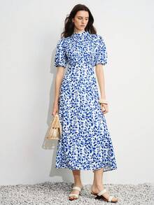Aveloria Modichic Delicate Pleated Craftsmanship Random Spring/Summer Botanical Print Stand Collar Puff Sleeve Belt Waist A-Line Mid-Length Dress White And Blue - Blue - View 5