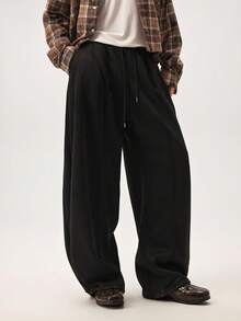 Vaulklash Men Casual Street Cuffed Waist Seam Front Loose Wide Leg Sweatpants Wide Leg - Black - View 5