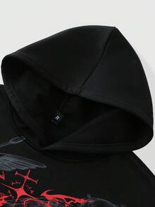 ROMWE MEN Men's Hip-Hop Dark Style Letter Print Long Sleeve Hoodie - Black - View 3