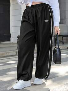 SHEIN Essnce Plus Size Side Stripe Patch Drawstring Jogger Pants Fall - Black - View 5