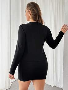Firerie Plus Size Women's Black Autumn Elegant V-Neck Rose Metal Button Long-Sleeved T-Shirt,Formal Dinner Evening Christmas Party Masquerade Curve Y2K Tops - Black - View 2