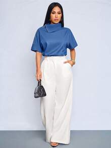 SOLERSUN Women's Summer Elegant Asymmetric Collar Blue Blouse Night Out Date Night Outfits Minimalist Everyday/Commute/Vacation Festival One Sided Top - Navy Blue - View 7