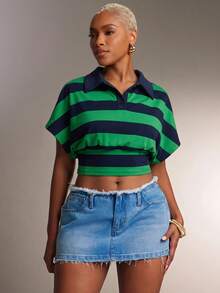 Denimoi Cinched Waist Collared Striped Polo Top Fashionable Tops Collared Top, Casual Basic Top - Green - View 3