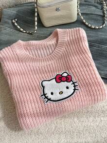 HELLO KITTY AND FRIENDS | SHEIN GraphicGems 女童圓領刺繡針織套頭毛衣，純粉色，可愛甜美休閒風，簡約百搭，柔軟舒適，適合秋季旅行 - 粉色 - 查看 7