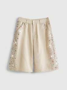 Sweetness Beige Rhinestone Embellished Bermuda Denim Shorts For Women Night Out Everyday Casual - Khaki - View 1