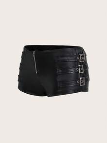 SHEIN ICON Y2k Black Tight Fit PU Low-Waist Decorated Ultra-Short Shorts Rave Festival Outfits - Black - View 1