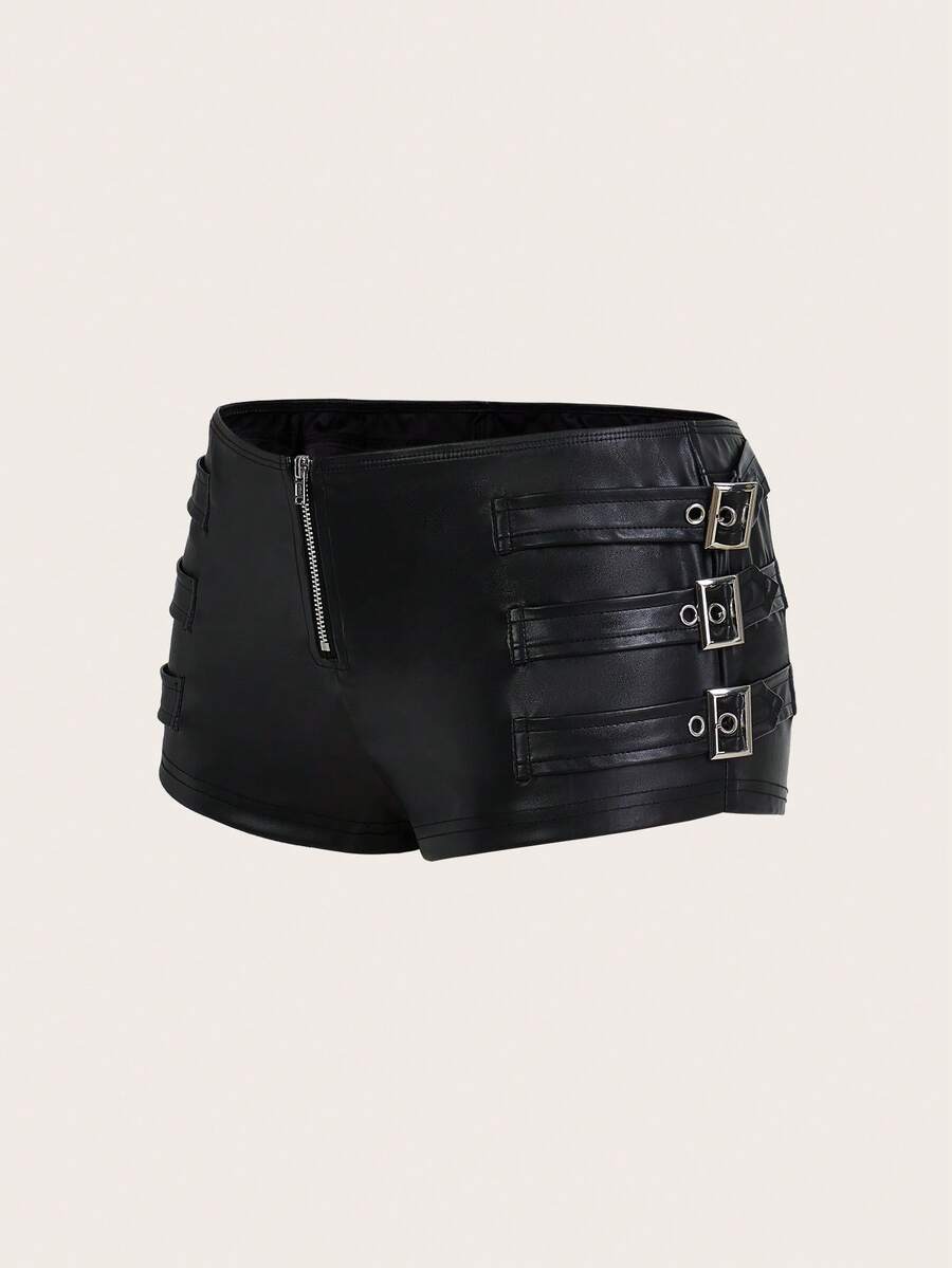 SHEIN ICON Y2k Black Tight Fit PU Low-Waist Decorated Ultra-Short Shorts Rave Festival Outfits - Black - View 1