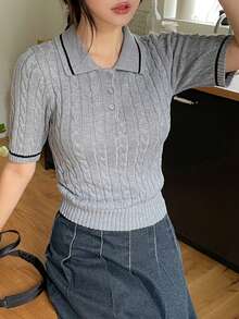 DAZY 女款拼色條紋復古扭繩針織修身短袖 Polo 領休閒度假優雅春秋套頭針織上衣 - 灰色 - 查看 4