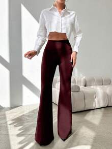 Wovencharm Wovencharm Women's Casual Solid Color High Waist Flare Leg Pants - Burgundy - View 6