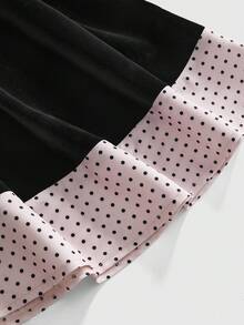 Sweetness Autumn/Winter Black Velvet & Pink Polka Dot Bow 3D Decor Patchwork Satin Ribbon Halter Neck Women's Mini Dress - Black - View 4