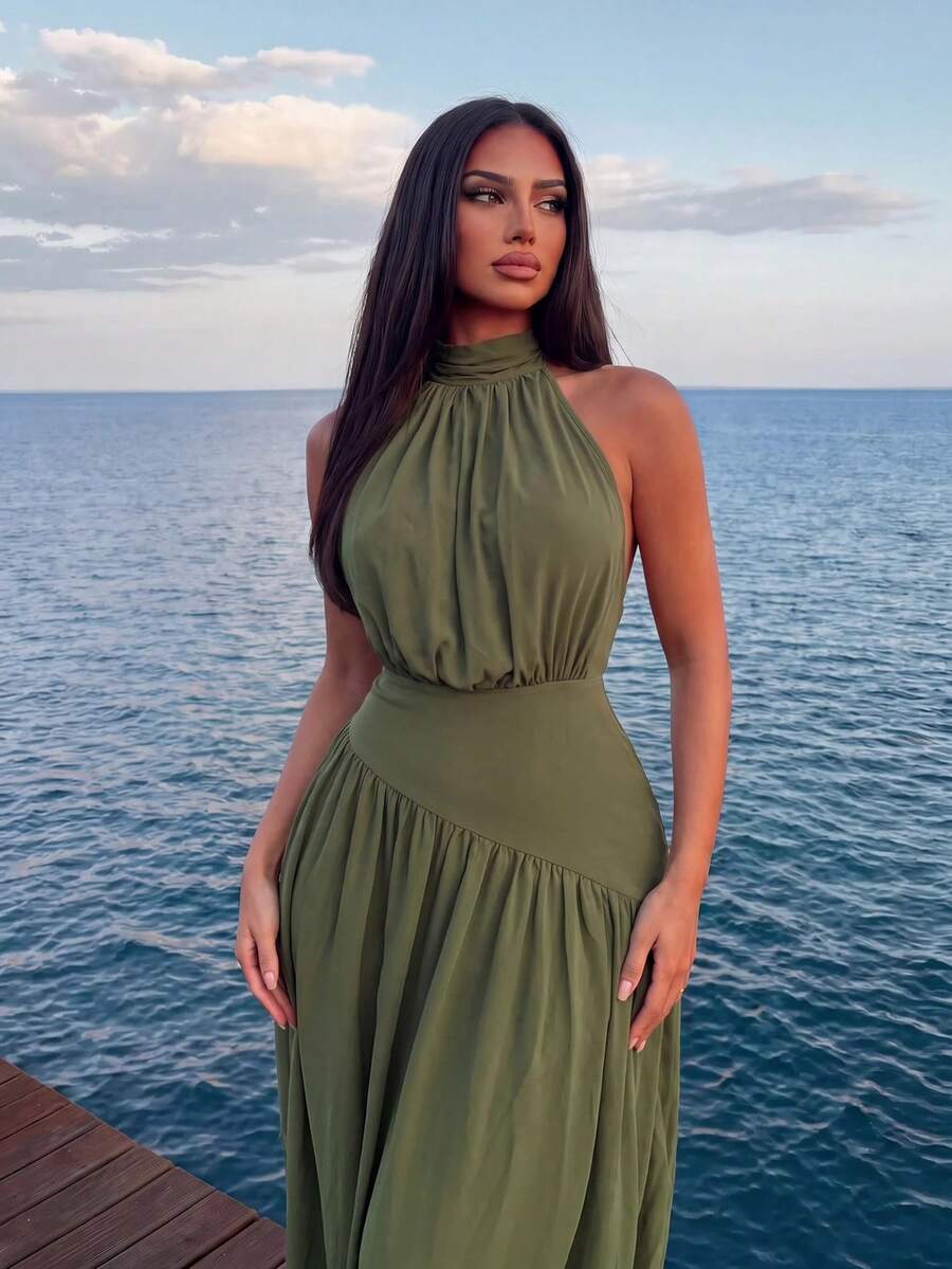 Sirith Fashion Women's Olive Green Knit Patchwork Chiffon Sheer Dress Wedding Garden Party Vacation Summer European Tropical - Green - View 1