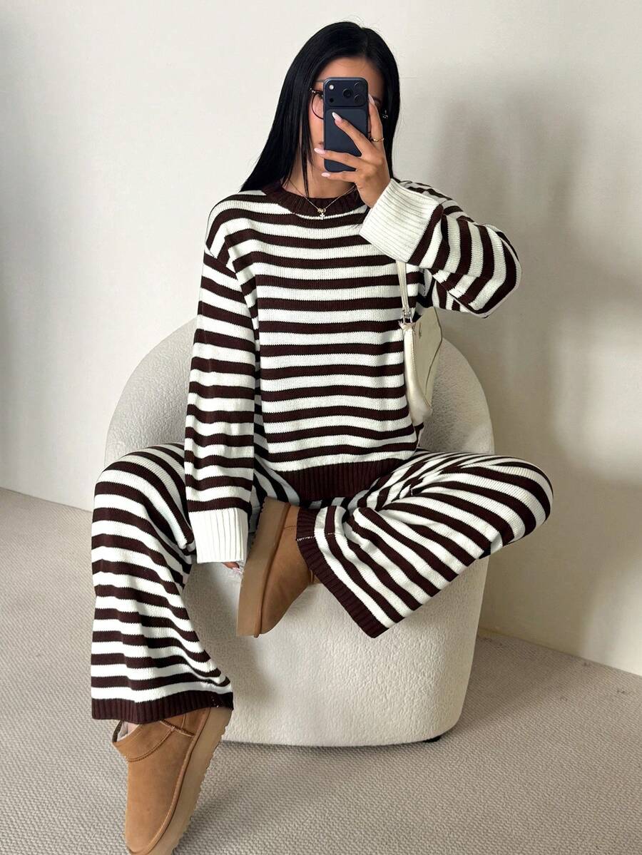 SHEIN PETITE 時尚棕色條紋毛衣兩件套,適合嬌小女性,休閒商務職場穿搭 - 棕色 - 查看 1