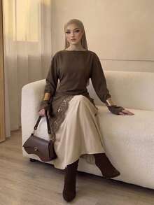 Celisse Women's Early Autumn New Loose Fit Asymmetrical Hem Lace Trim Long Sleeve Top - Brown - View 5