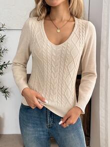 EMERY ROSE New Spring Fall Ivory Cable Diamond Weave Knit Top V Neck Long Sleeve Vintage Cottagecore Layering Blouse - Apricot - View 5