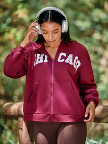 Voyena Women's Plus Size Letter Print Hooded Sweatshirt - Burgundy - View 1