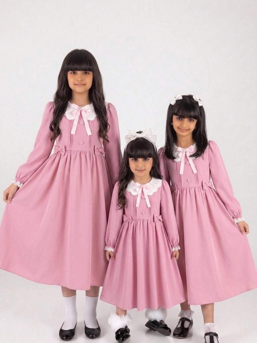 SHEIN Tween Girls Tween Girl Lace Pink Bow Cute Dress, Autumn/Winter/All Season Wear, Primary School, Middle School - Pink - View 1
