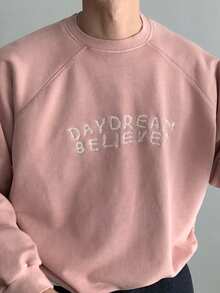 DAZY Spring/Autumn Pink Loose Short Crew Neck Sweatshirt With Ribbed Hem And Cuffs, Letter Embroidery Pullover Sweatshirt For Men - Pink - View 6