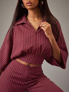 NYA SZN Matching Set Zip Up Top Wide Leg Pant Striped - Burgundy - View 4