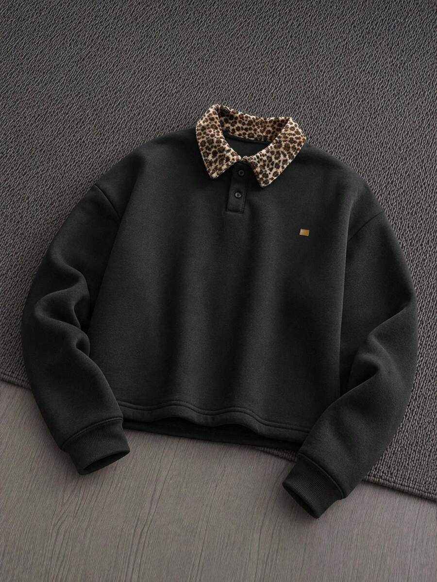 Manfinity VCAY Men's Spring/Autumn Casual Standard Size Black Pullover Sweatshirt With Turn-Down Collar And Embroidery - Black - View 1