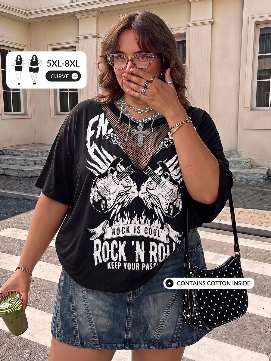 SHEIN CURVE+ 大码女装春夏纯色深灰色休闲街头美式复古怀旧短袖上衣，网眼拼接设计营造复古感，吉他图案印花宽松T恤，适合日常出行/音乐节等场合，百搭服饰
