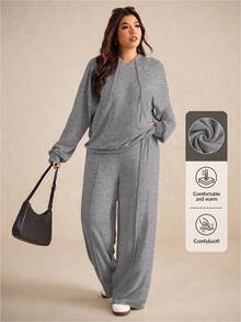 Elaquor Plus Size Solid Color Hooded Neck Long Sleeve Top And Pants Casual 2 Pieces Set Fall - Grey - View 7