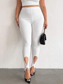Firerie Plus Size Women's Sexy Elegant Daily Gym Workout Vacation Active Casual White Knit High Waist Slim Fit Cutout Stirrup Tight Leggings Fall - White - View 5