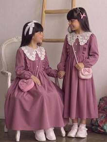 SHEIN Tween女孩格紋蕾絲簡約返校洋裝，秋冬/四季穿著，適合小學、國中 - 粉色 - 查看 4