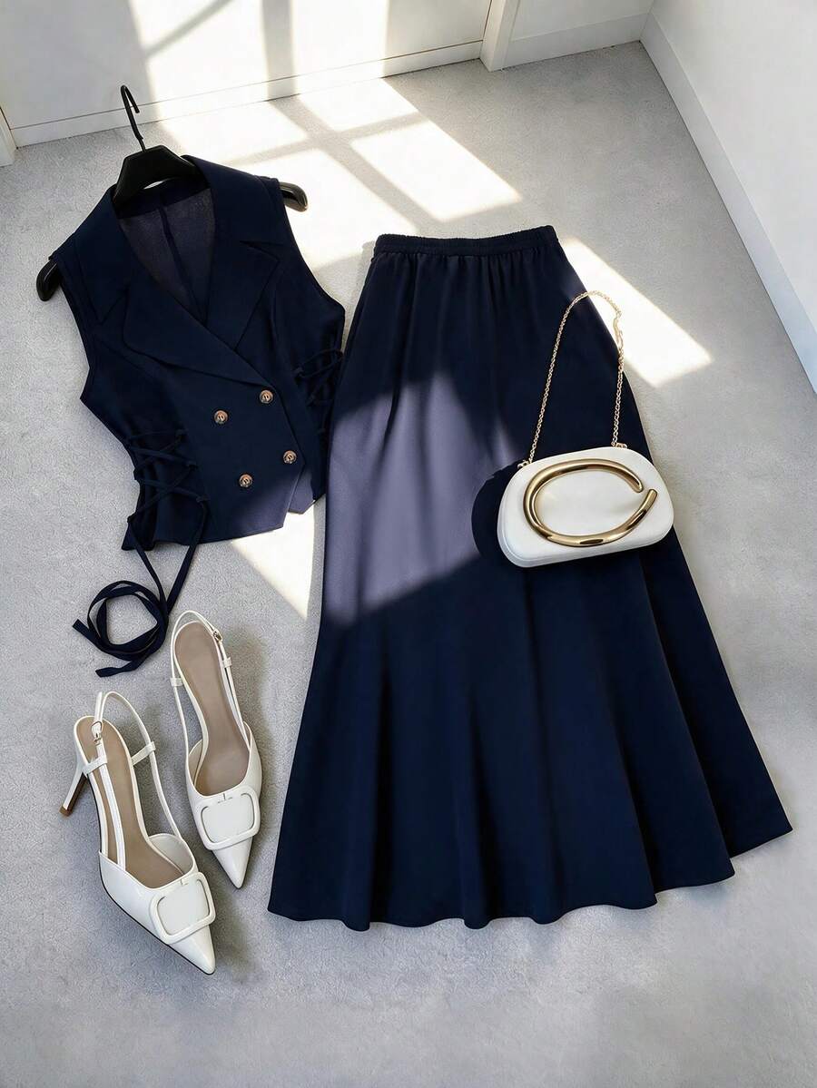 Modelyn Plus Size Women 2 Pieces Ice Silk Crinkled Fabric Set, Top And Skirt, Suitable For Spring/Summer Daily Wear And Gatherings - Navy Blue - View 1