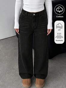 SHEIN 少女休閒水洗寬鬆牛仔長褲 秋冬休閒服飾 - 黑色 - 查看 3