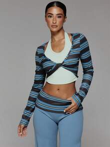 Musera Sport Contrast Colour Striped V Plunge Twist Front Double Layered Long Sleeve Active Top Workout Gym Cute Pilates Fitness Daily - Multicolor - View 2