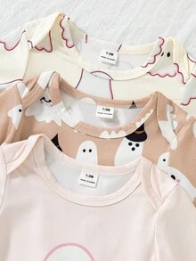 SHEIN Playful Pals Baju Terusan Bayi Baru Lahir Motif Lucu untuk Halloween, Set Pakaian Rumah 3 Potong, Motif Hantu Kecil yang Menggemaskan. - Aprikot - View 6