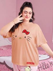 HELLO KITTY AND FRIENDS | SHEIN Plus Size Cartoon Pattern Drop Shoulder Casual Summer T-Shirt - Pink - View 1