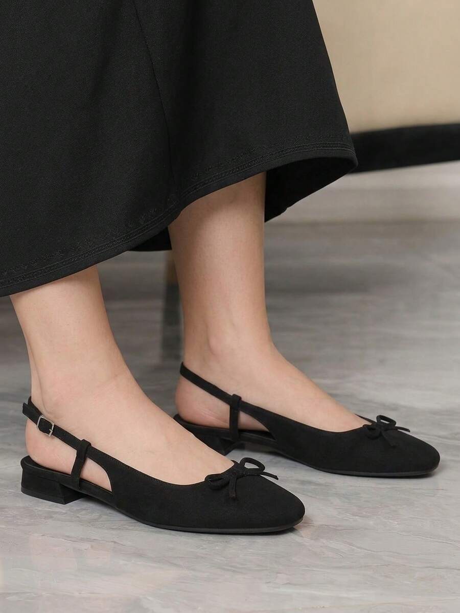 Sleekvia Black Suede Bow Design Back Strap Pumps - Black - View 1