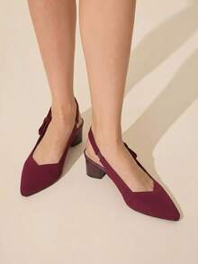 CUCCOO BASICS Ladies' Pointed, Thick Heel, Breathable Mesh, Bow Tie, Back Strap Shoes, Commuting Style, Versatile For Daily Dates, Single Shoe - Burgundy - View 2