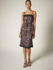 KSTM Leopard Print Satin Slip Midi Dress With Lace Trim Scallop Hem Drawstring Waist Spaghetti Straps Summer Party - Multicolor - View 2