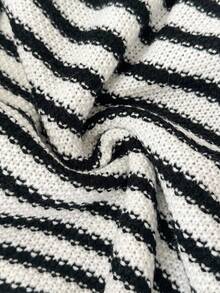 Elaquor Plus Size Women Casual Commuter Striped Pattern Faux Pearl Button Cardigan In Fall/Winter - Black and White - View 7