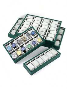 6/12/24/30 Slot Pu Leather Watch Box, Grey/Green Color Large Capacity Watch Display Storage Case - Grey - View 6