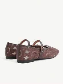 CUCCOO CHICEST 女款鉤編瑪麗珍平底鞋，方格網布透氣單扣時尚女鞋，適合日常通勤/辦公/約會/海灘度假 - 咖啡 - 查看 6