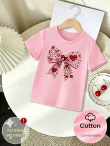 Souflis Souflis Kaos Pendek Musim Panas Warna Pink Modis untuk Anak Perempuan, Cocok untuk Ulang Tahun Pertama, Atasan Dasar Minimalis dengan Motif Pita Mengkilap, Pakaian Kasual Sehari-hari yang Nyaman - Berwarna merah muda - View 4