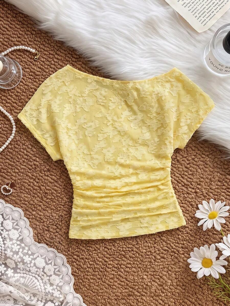 SHEIN MOD Chic Yellow Asymmetric Neckline Women's Top With Floral Texture And Gathered Side,Yellow Lace Top,Slightly Shoulder-Sleeved Knitted Top - Light Yellow - View 1