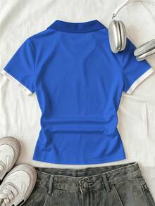 SHEIN EZwear Women's Summer Casual Active Streetwear Colorblock Aqua Blue Letter Print T-Shirt Holiday Travel - White - View 3