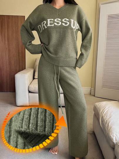 Livesso Conjunto de pijama de suéter con estampado de letras & pantalones de punto casual para mujer Otoño/Invierno