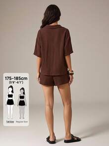 SHEIN Tall 女款純色落肩單排扣襯衫與短褲休閒兩件套 - 棕色 - 查看 7
