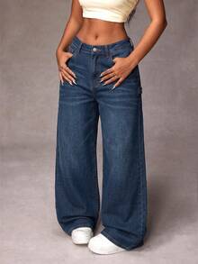 Rivivi Plus Size Women's Pocket Wide Leg Loose Casual Denim Jeans - Blue - View 6